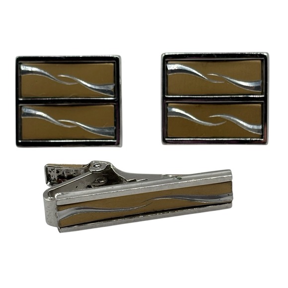 Anson Other - Anson Cufflinks Neck Tie Clip Set VTG Two Tone‎ Wave Design Tux Shirt Dress Suit